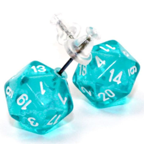 Orecchini a Bottone - Dado Traslucido Mini-Poly d20 (Verde Acqua)